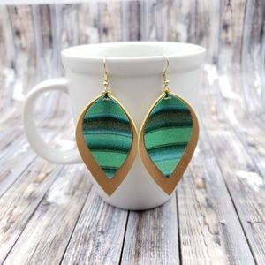 Green shades stripe on gold Faux Leather earrings